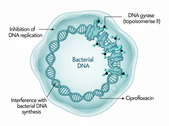 Medical illustration of ciprofloxacin mechanism of action on bacterial DNA gyrase