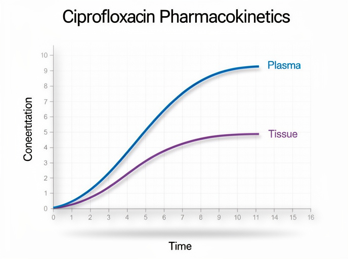Pharmacokinetic profile chart of ciprofloxacin distribution and elimination