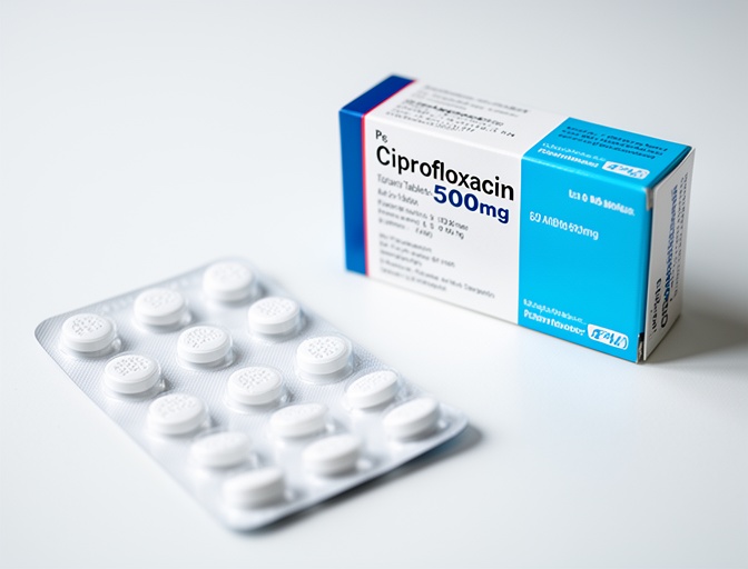 Blister pack of ciprofloxacin tablets ordered online on a white medical desk