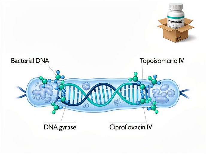 Medical illustration of ciprofloxacin mechanism of action on bacterial DNA