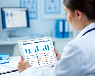 Healthcare professional reviewing ciprofloxacin spectrum of activity on a digital tablet