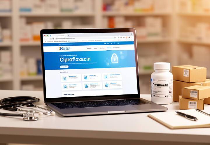 Secure mail order pharmacy website for ciprofloxacin on a laptop with prescription bottle