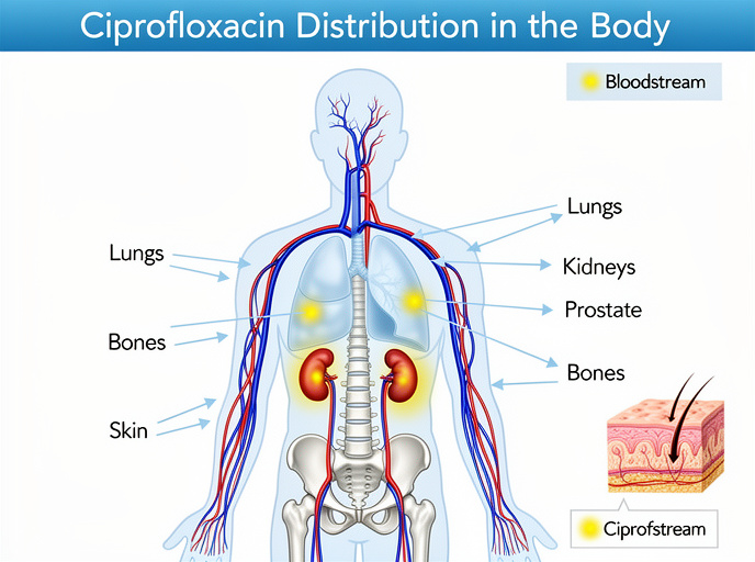 Medical diagram showing how Cipro spreads through the body tissues