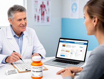 Doctor explaining Cipro dosage and online purchase options to a patient