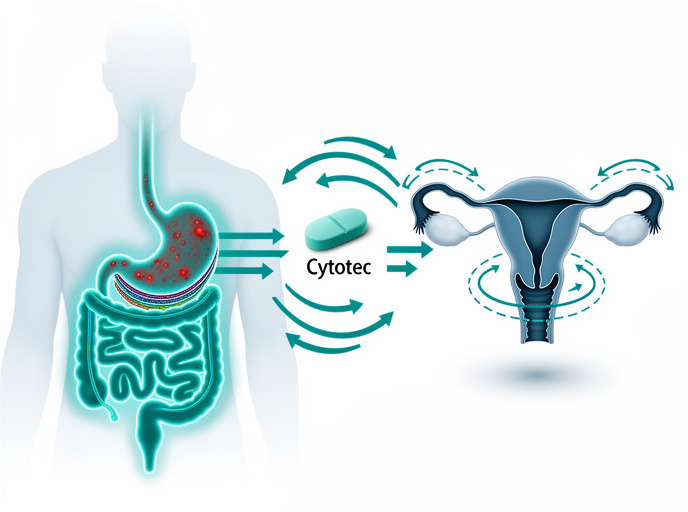 Medical diagram showing Cytotec’s dual action on the stomach lining and the uterus, with protective gastric layer and uterine contractions highlighted