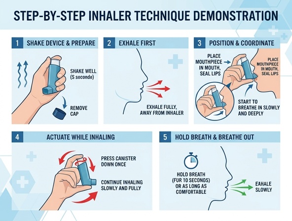 Step-by-step inhaler technique demonstration