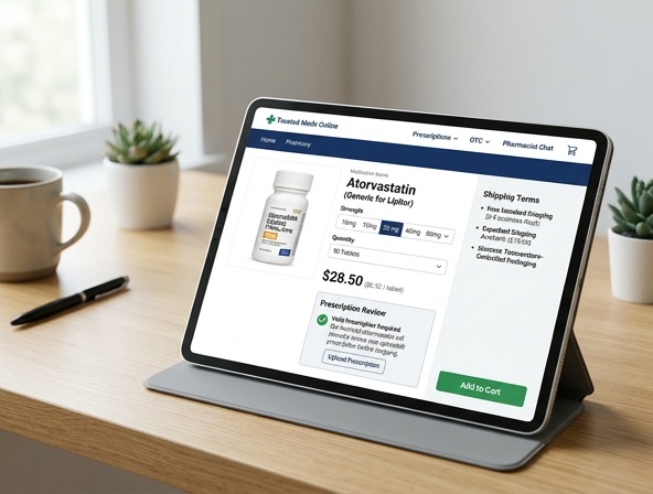 Online Lipitor ordering page showing price, prescription review, and shipping terms