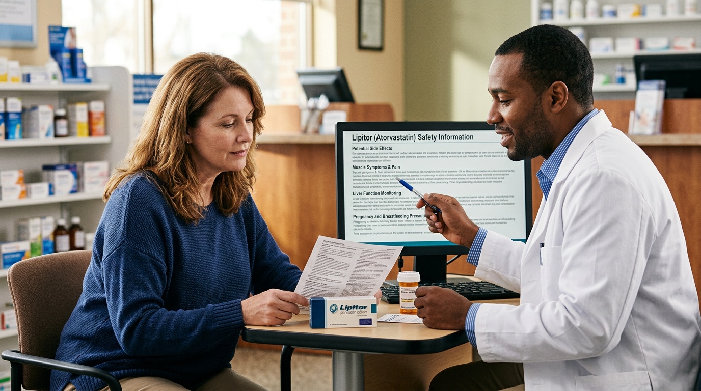Patient reviewing Lipitor safety information with attention to muscle pain and liver warnings