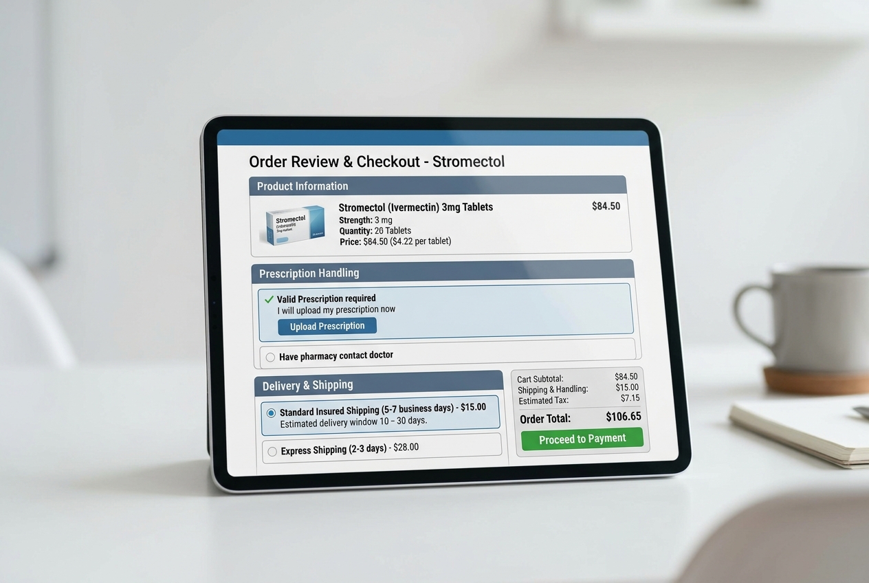 Online pharmacy checkout screen showing Stromectol ordering and delivery review