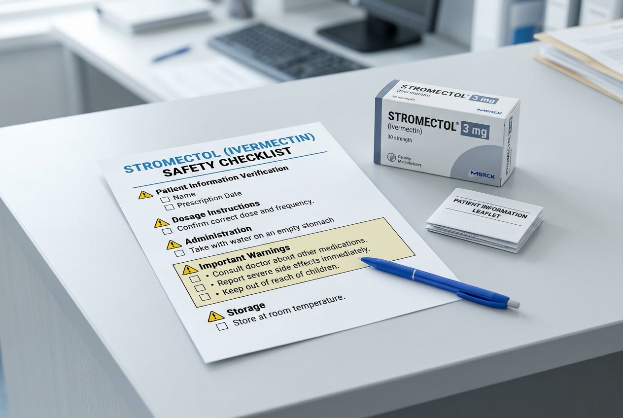 Medication safety checklist for Stromectol with warning symbols and patient leaflet