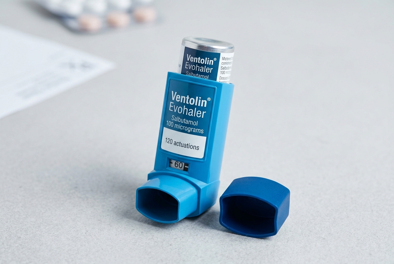 Ventolin salbutamol inhaler shown with mouthpiece and cap for correct inhalation use