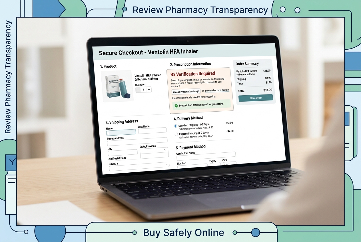 Online pharmacy checkout screen for Ventolin with prescription and delivery details