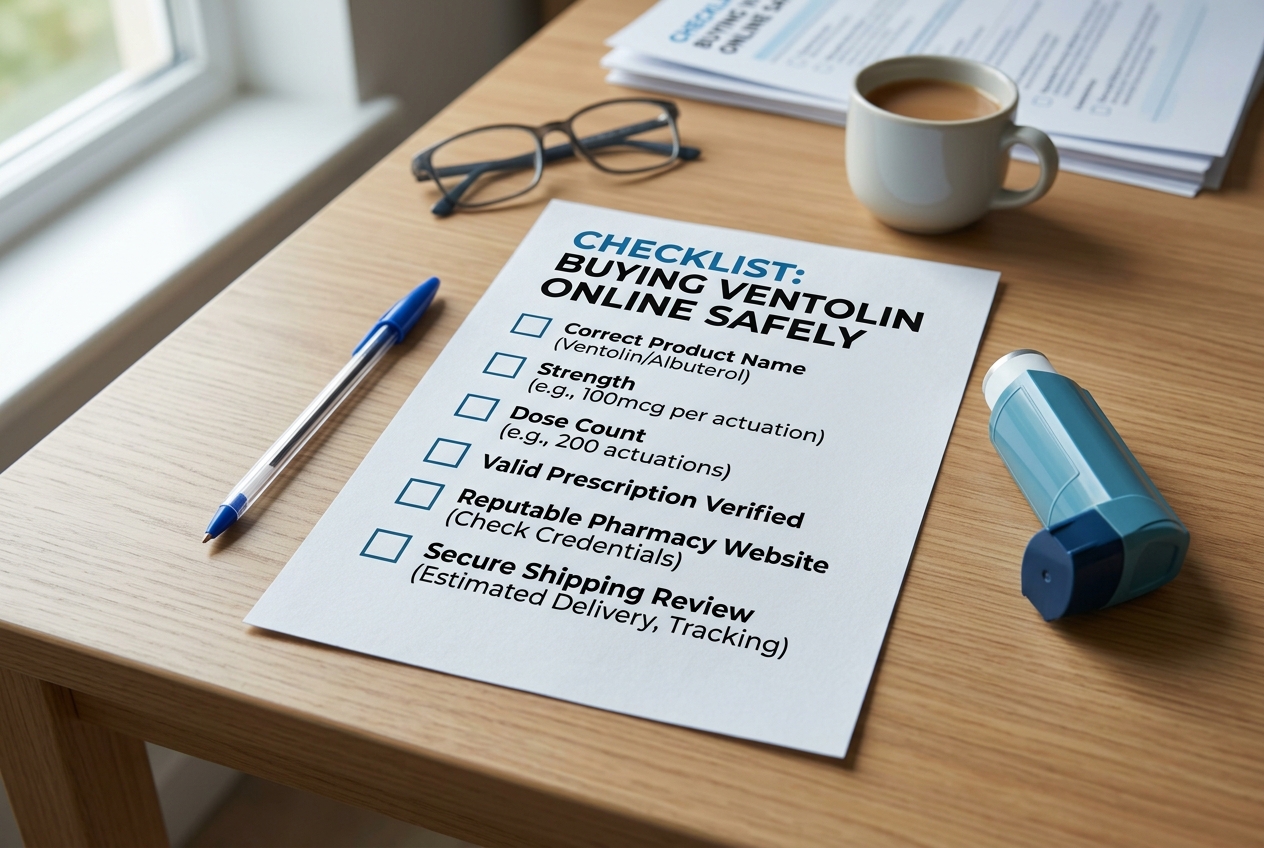 Checklist for buying Ventolin online safely including dose count prescription and shipping review