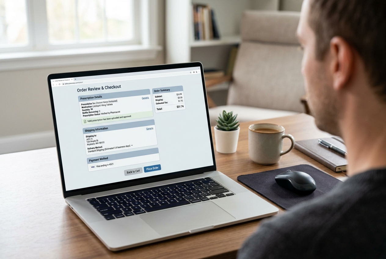 Online pharmacy checkout screen with prescription and delivery details being reviewed