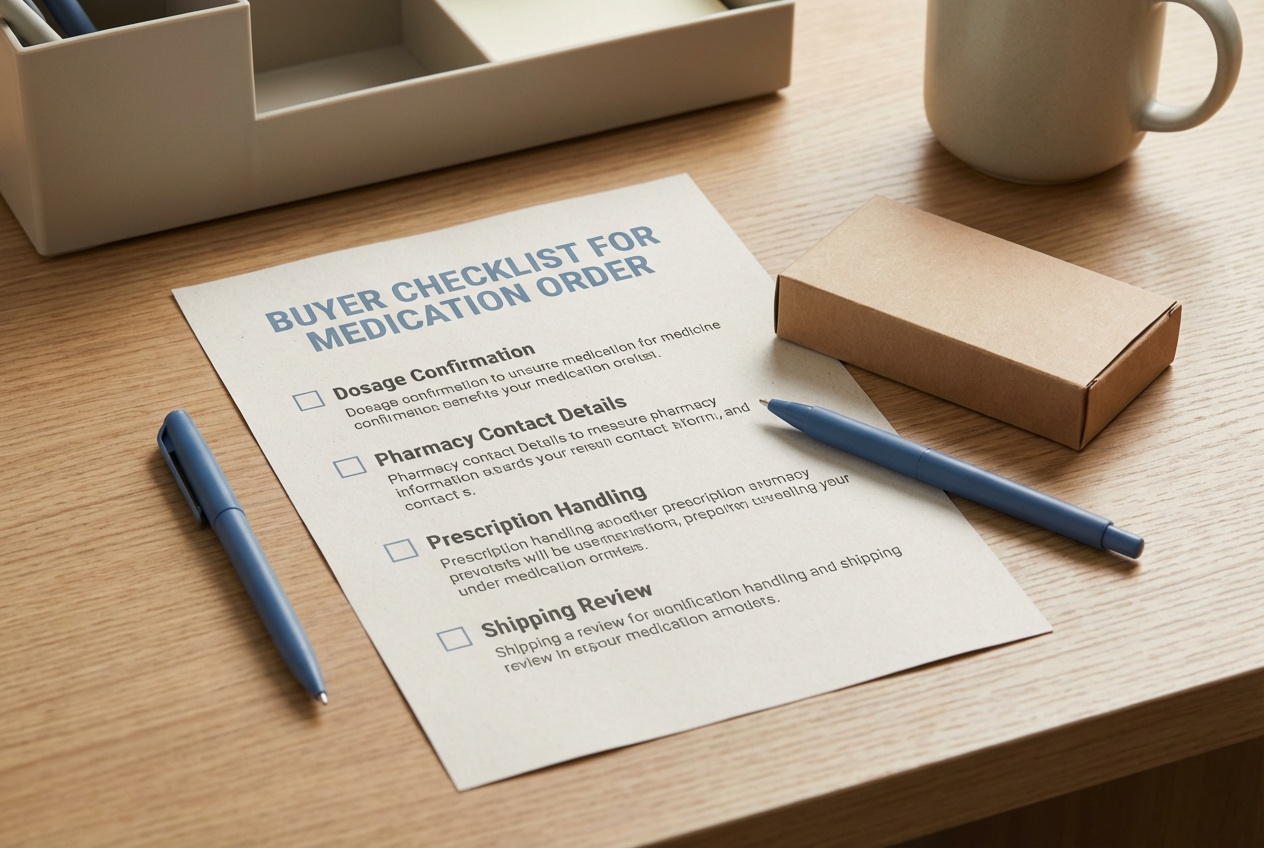 Buyer checklist for medication order showing dosage, pharmacy contact, and shipping review