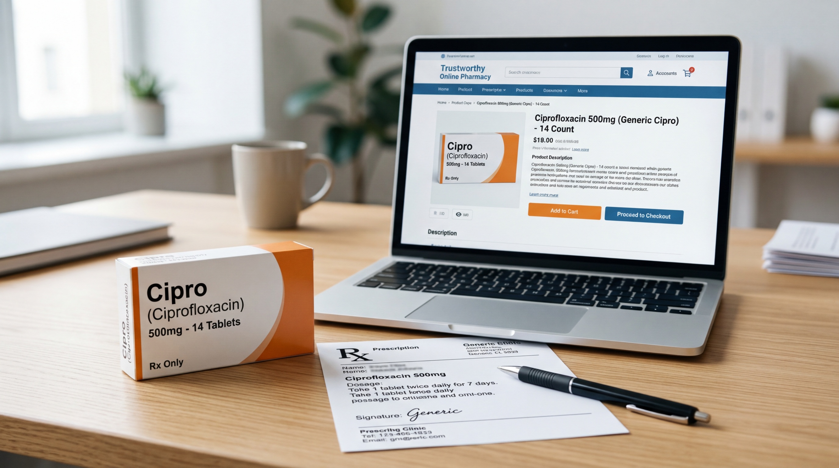 Buy Cipro Online: Price & Ordering Guide 1 Cipro tablet pack and prescription review on a desk before online ordering