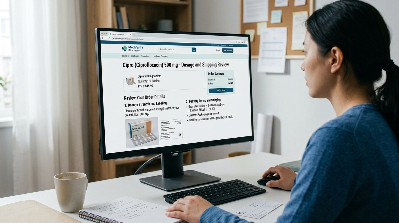 Buy Cipro Online: Price & Ordering Guide 2 Online pharmacy screen showing Cipro strength and delivery terms review