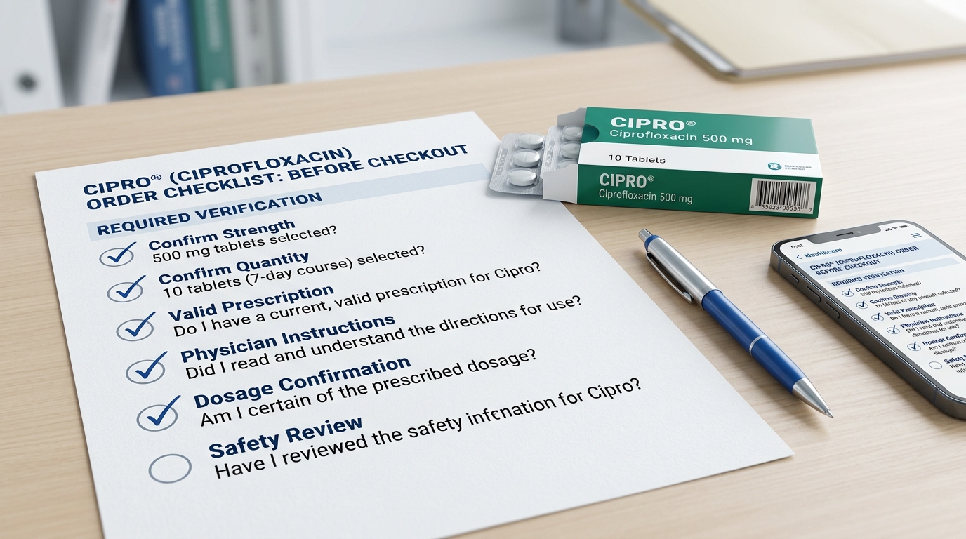 Buy Cipro Online: Price & Ordering Guide 3 Buyer checklist for Cipro order including dosage, prescription, and safety review