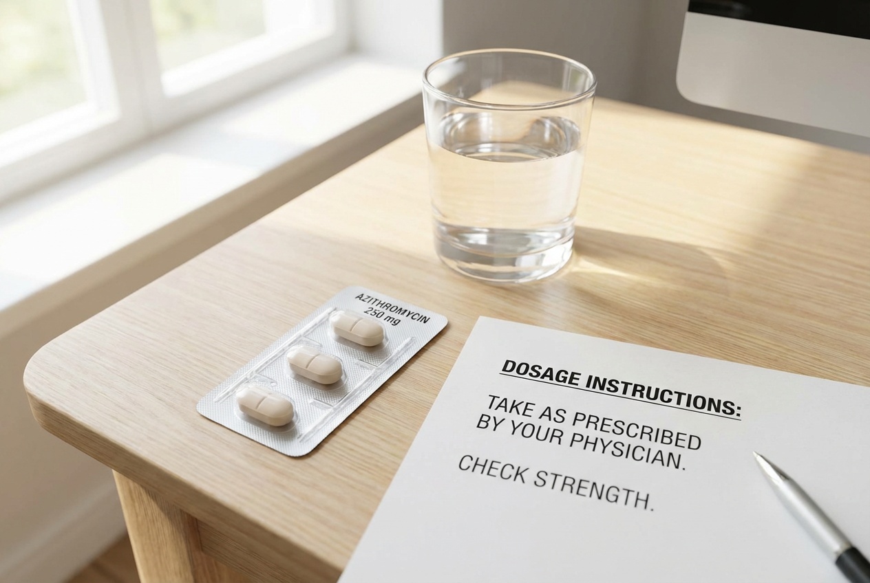 Buy Zithromax (Azithromycin) Online | Price & Dosage 1 Azithromycin tablets with a glass of water beside printed dosage instructions