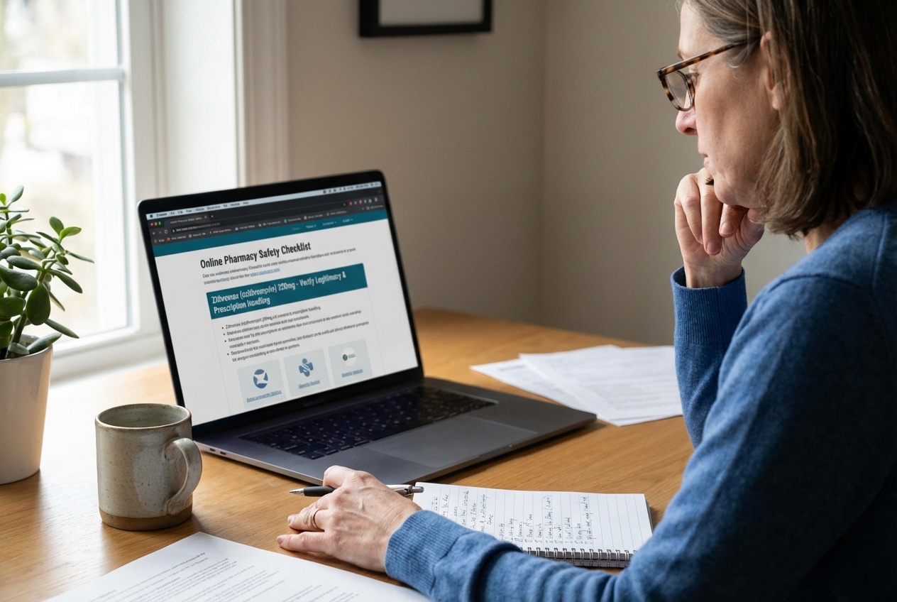 Buy Zithromax (Azithromycin) Online | Price & Dosage 2 A buyer reviewing online pharmacy safety details for Zithromax on a laptop