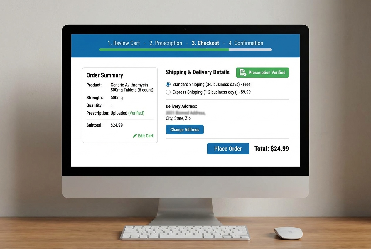 Buy Zithromax (Azithromycin) Online | Price & Dosage 3 Online checkout screen for azithromycin order with prescription and delivery details visible