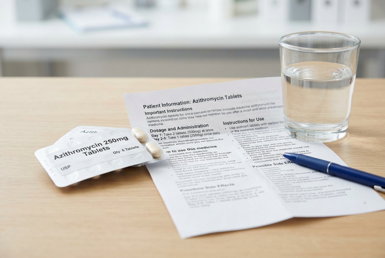 Zithromax azithromycin tablets with patient leaflet and water glass