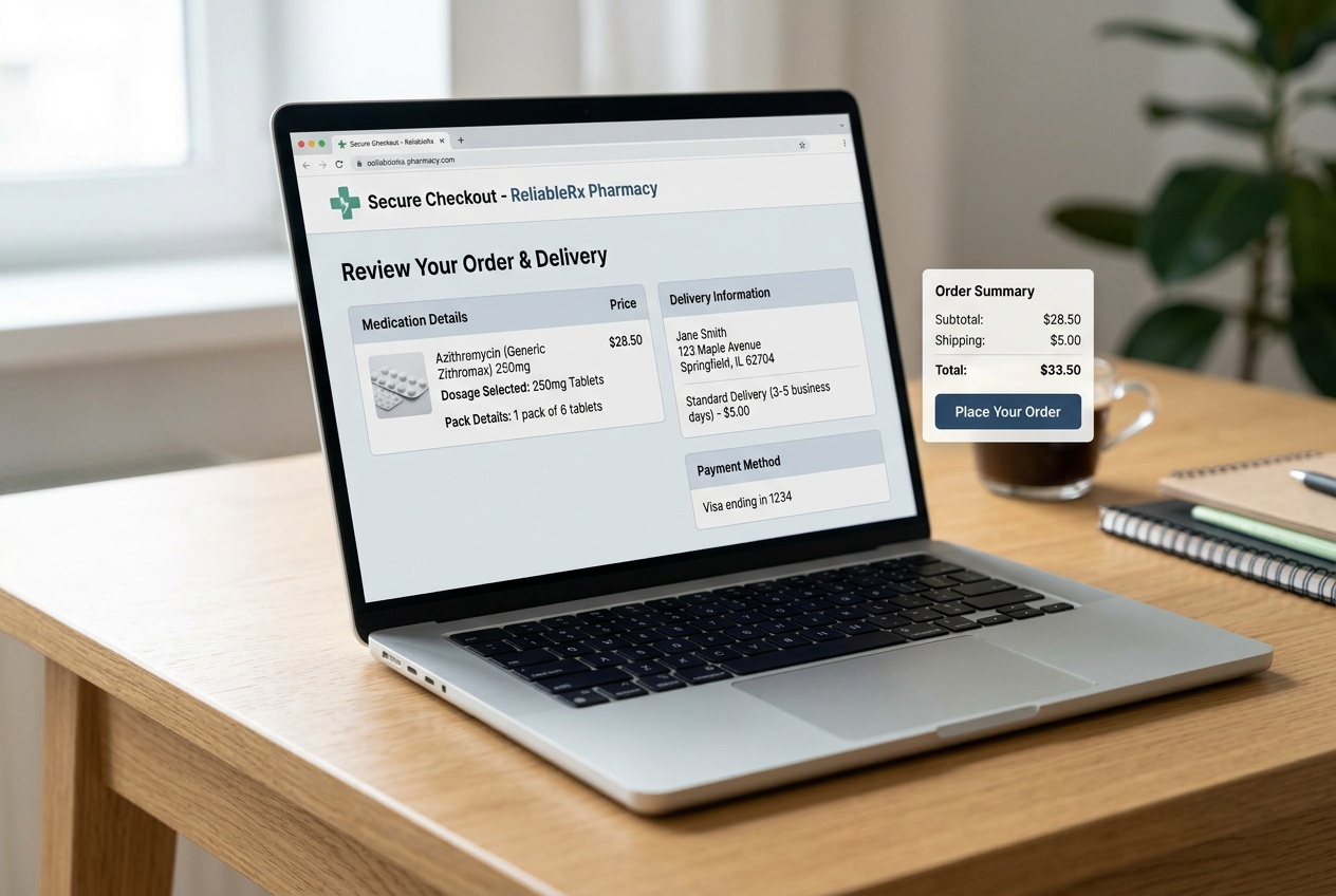 Online pharmacy checkout for Zithromax showing dosage and delivery review