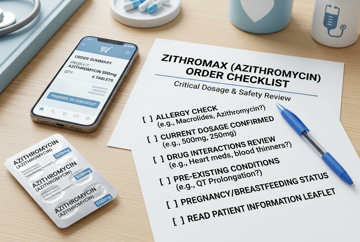Buyer checklist for Zithromax order with dosage and safety review