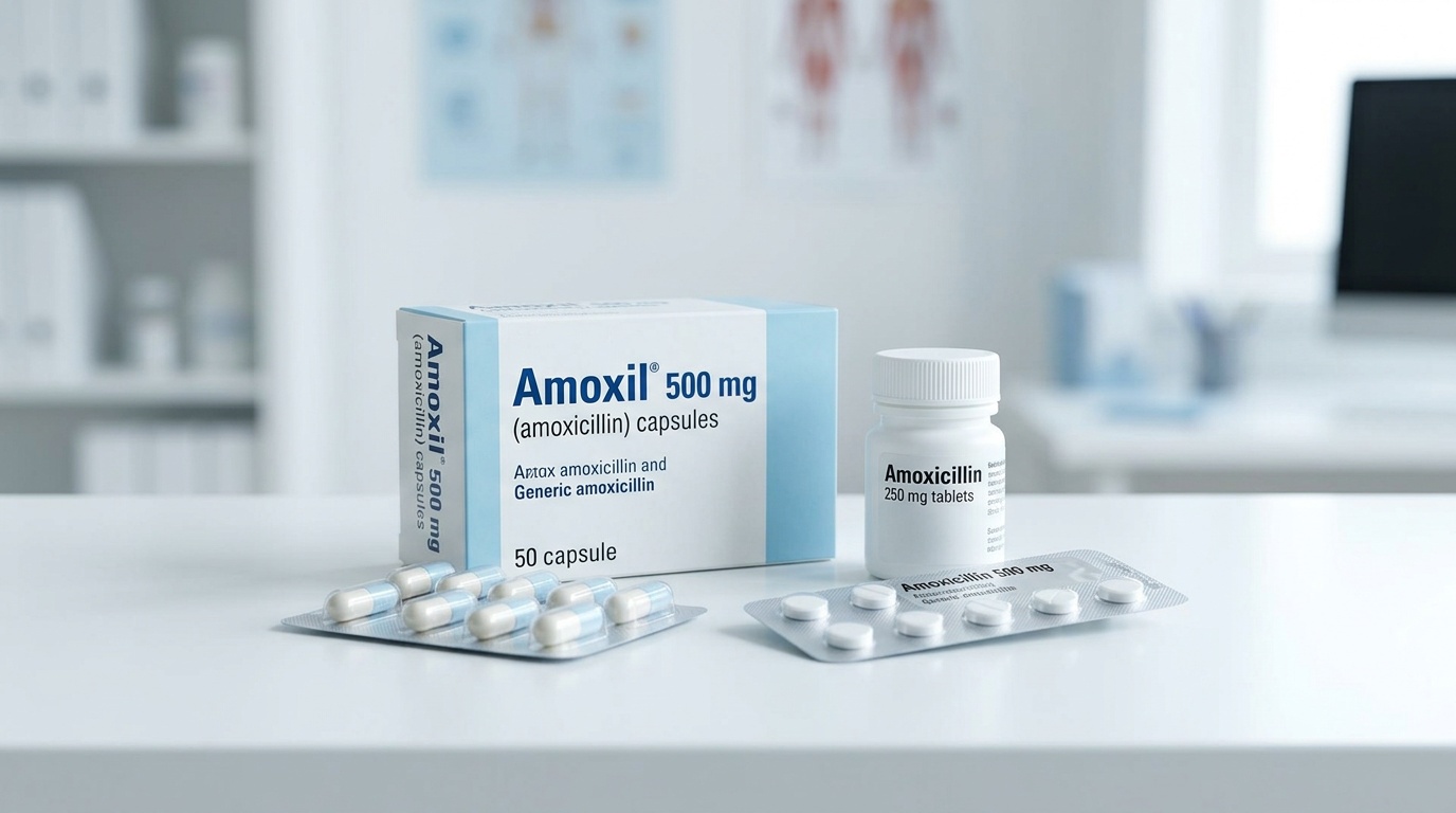 Amoxil tablets and capsules packaging arranged on a clean clinical surface