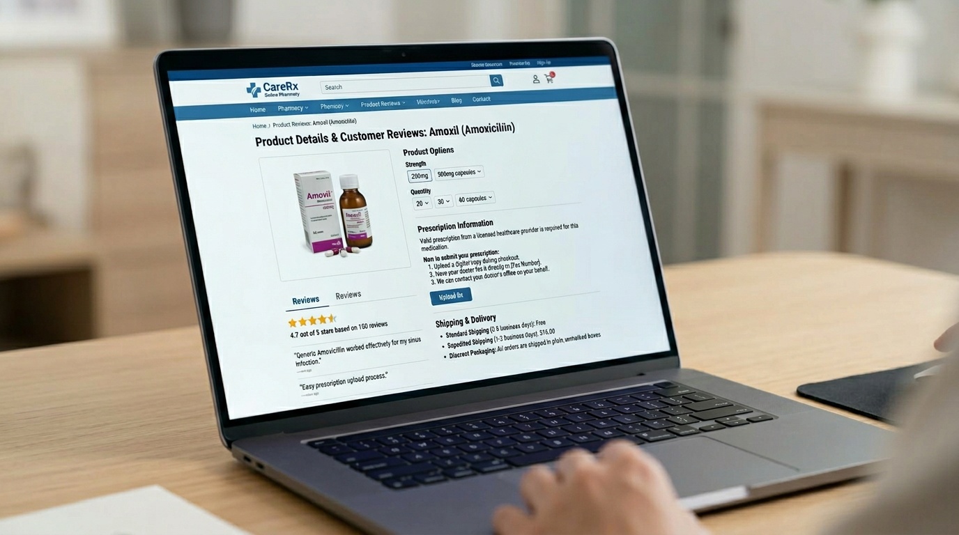 Online pharmacy order review screen showing Amoxil strength, prescription details, and shipping information