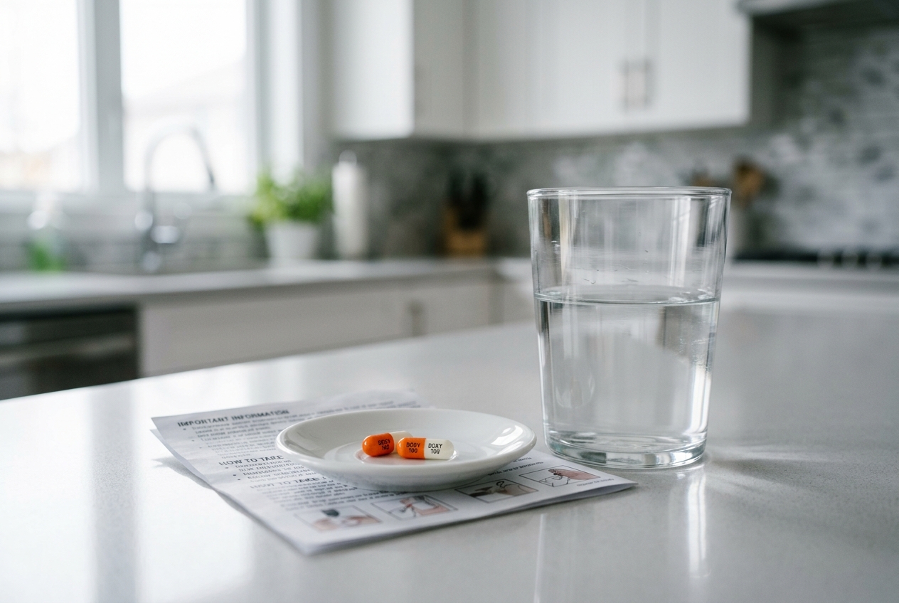 Doxycycline capsules with a glass of water on a clean countertop