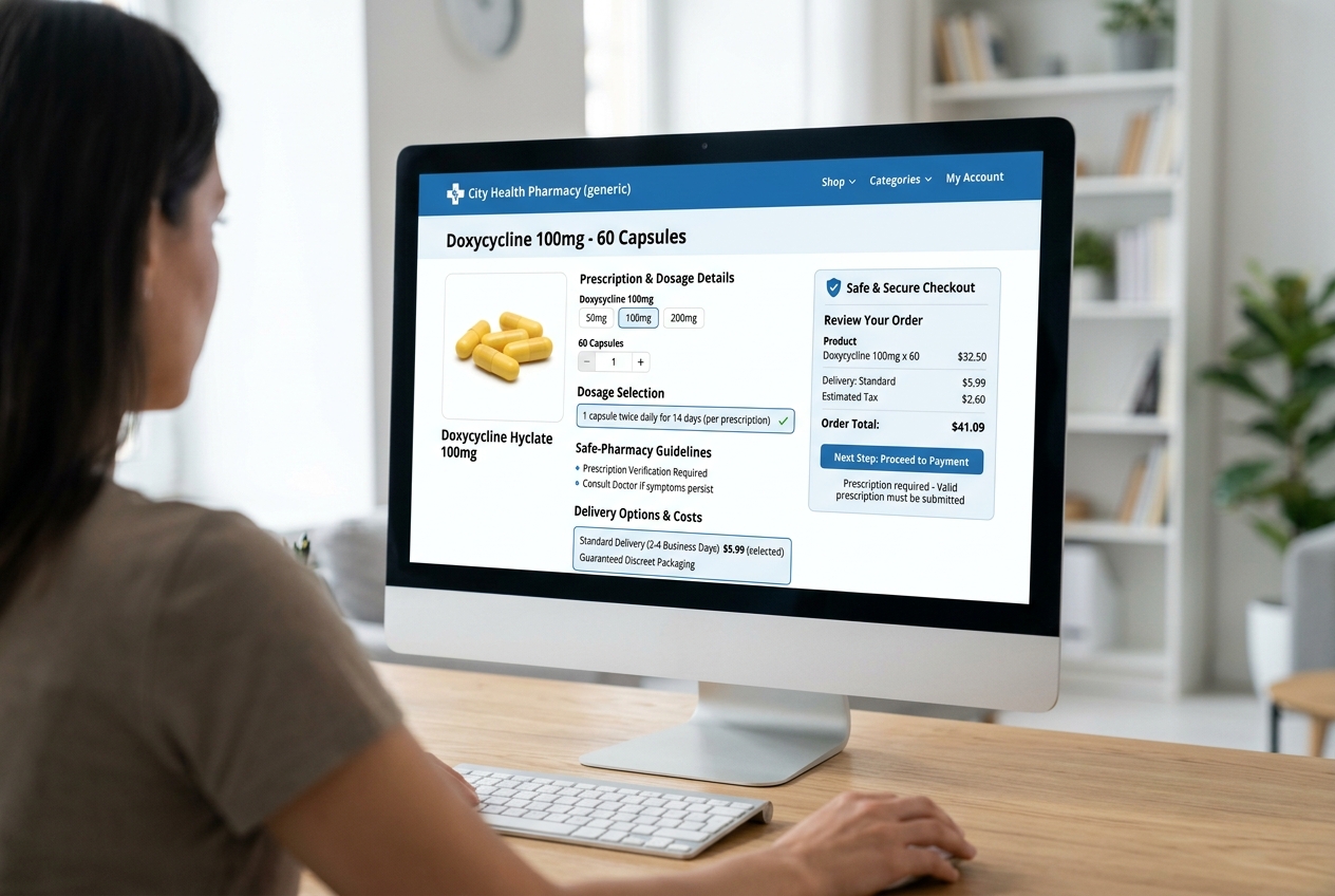 Online pharmacy ordering screen for Doxycycline with dosage and delivery details