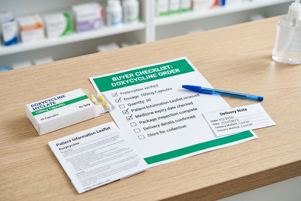 Buyer checklist for Doxycycline order with medicine, leaflet, and delivery notes