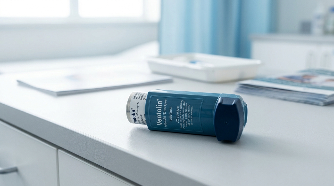 Ventolin salbutamol metered-dose inhaler shown on a clean clinical background