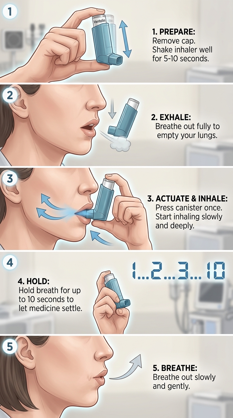 Step-by-step demonstration of correct metered-dose inhaler technique