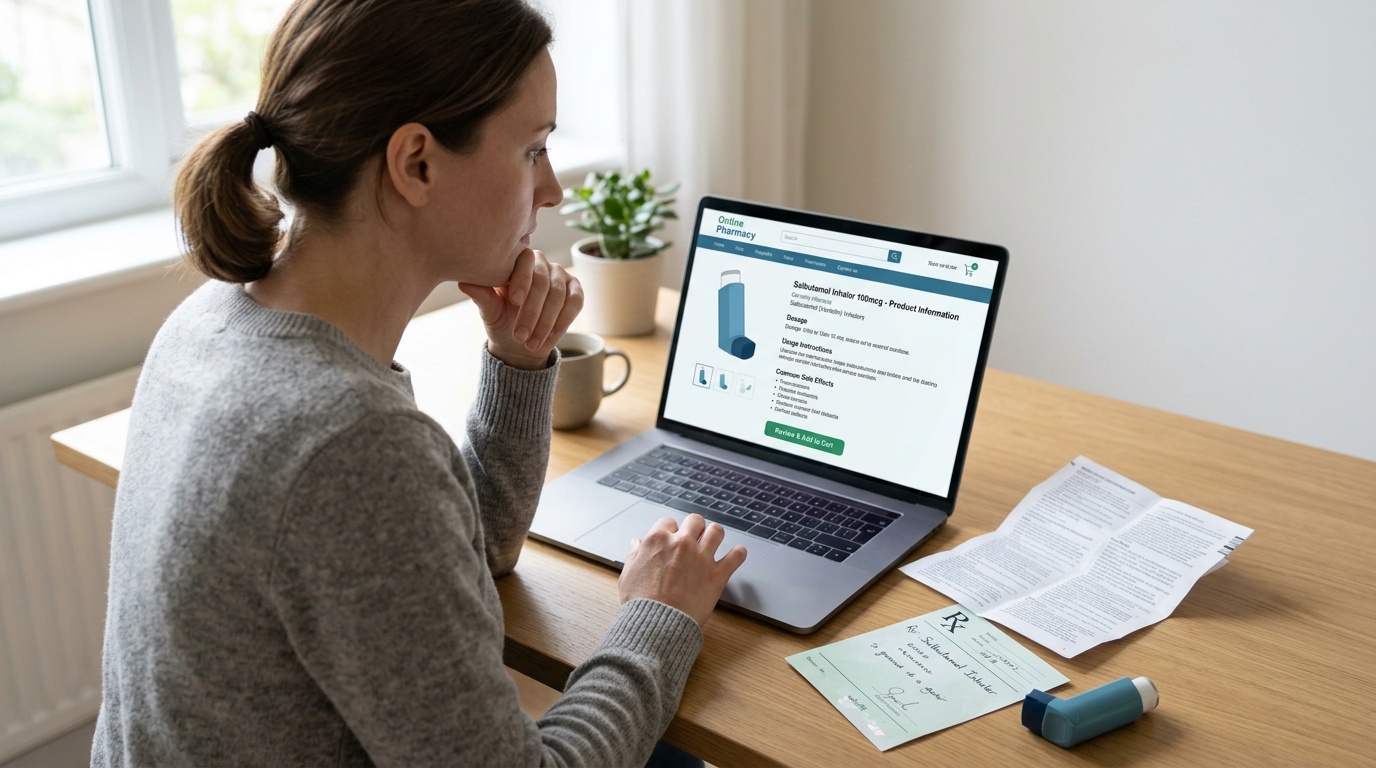 Online pharmacy review of inhaler details and medication information before purchase