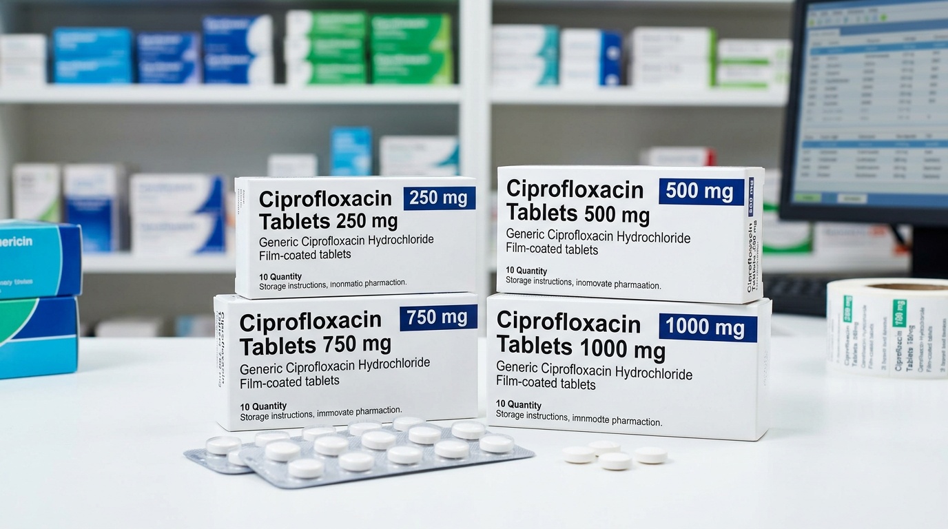 Cipro ciprofloxacin tablet packaging with labeled dosage strengths in a clean pharmacy setting