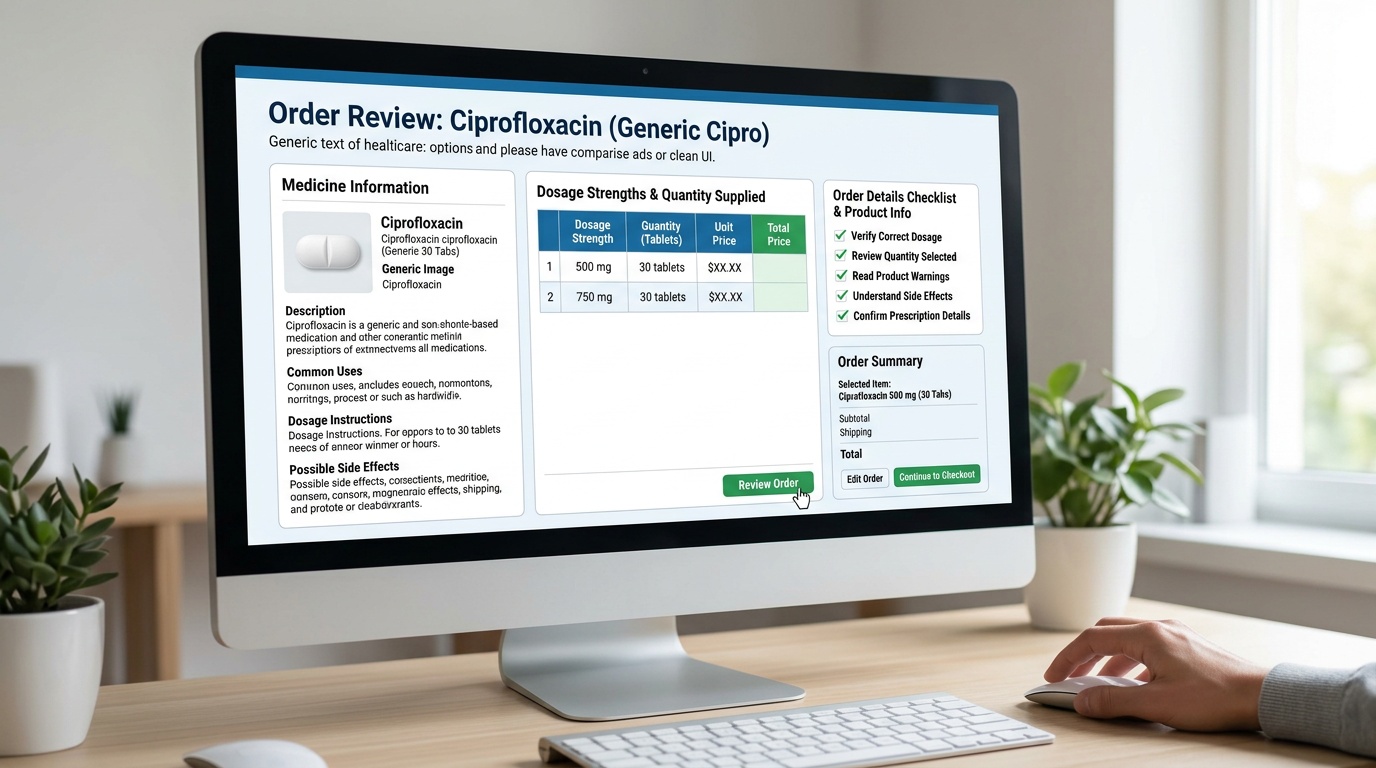 Comparison view of Cipro order details, dosage strengths, and medicine information on a desktop