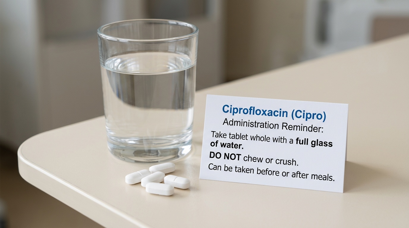 Cipro tablets beside a glass of water with a medication timing reminder card