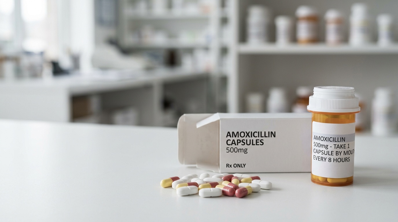 Amoxil tablets arranged in a clean clinical setting beside neutral packaging