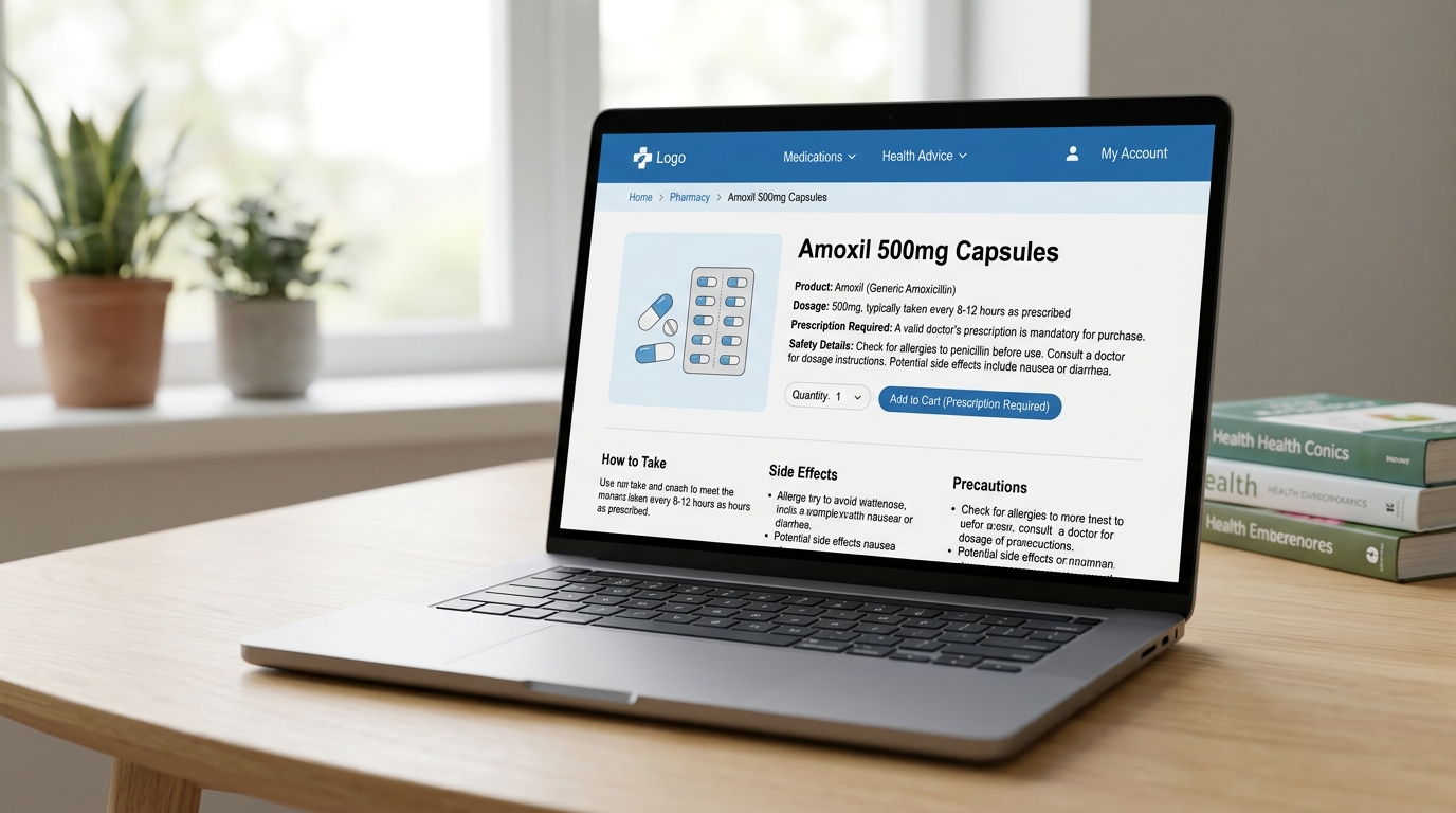 Online pharmacy medicine page on a laptop with medication details visible in a neutral interface
