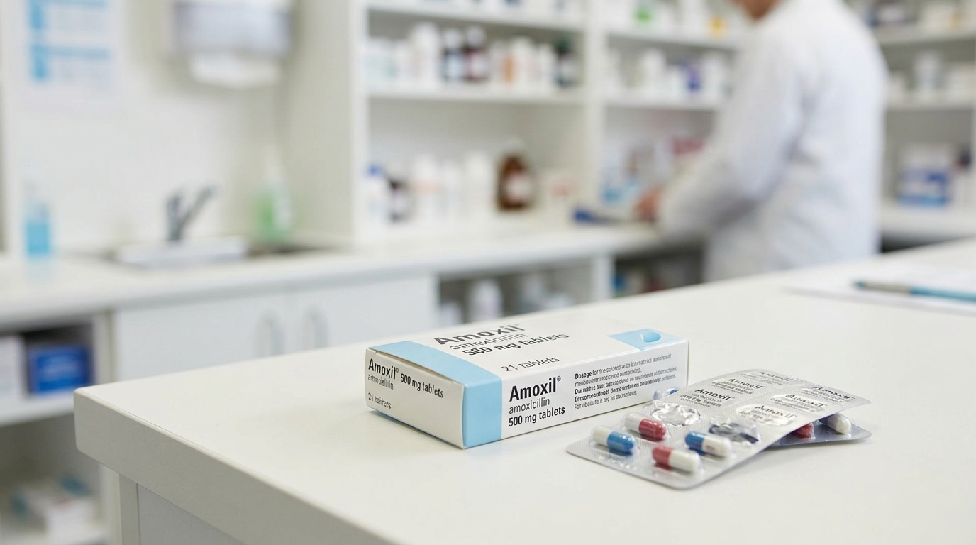 Amoxil tablet packaging and blister pack displayed in a clean clinical setting