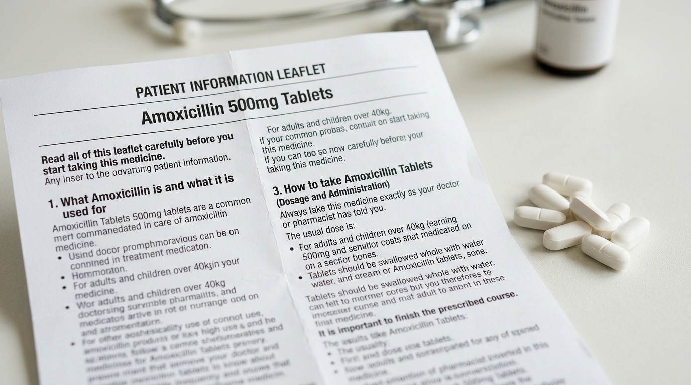 Close view of amoxicillin tablets with patient leaflet for dosage and administration context