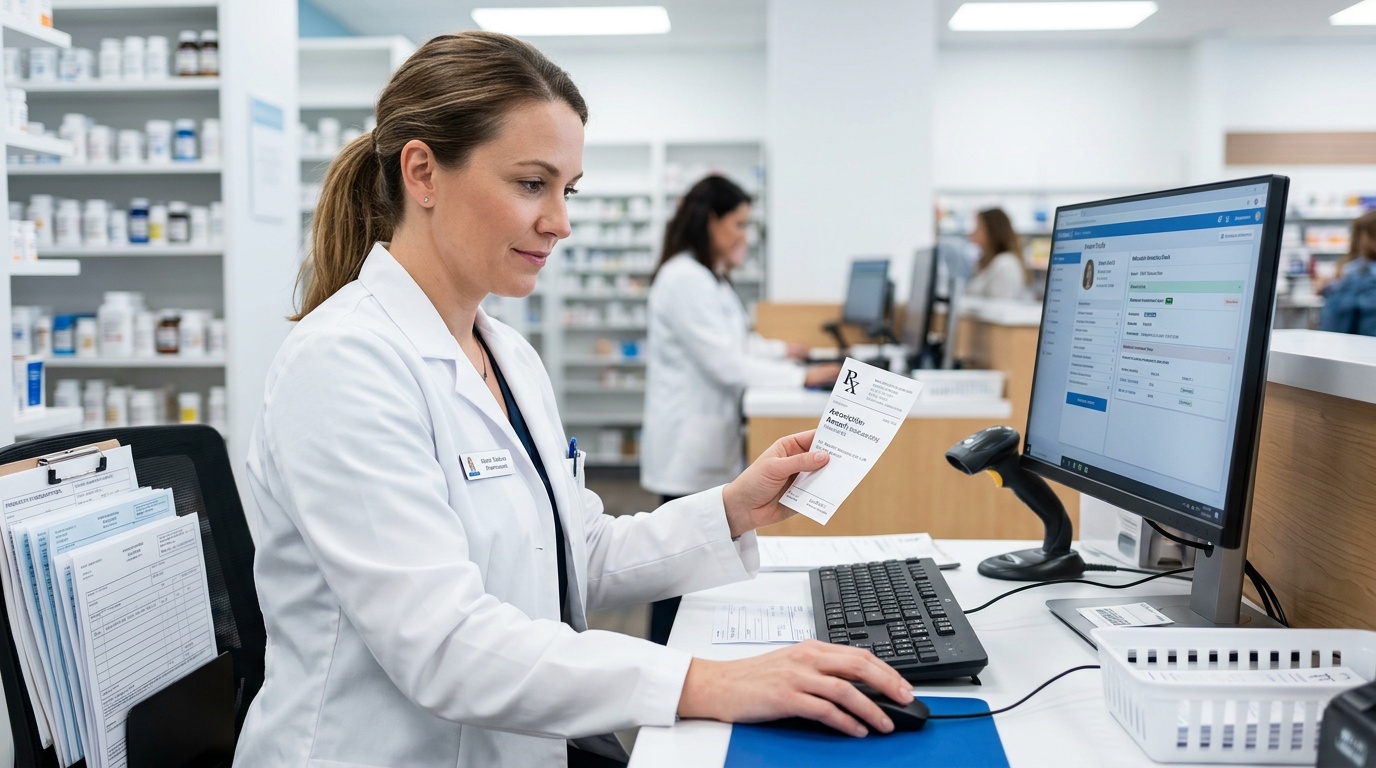 Pharmacist reviewing an antibiotic prescription at a computer in a modern pharmacy