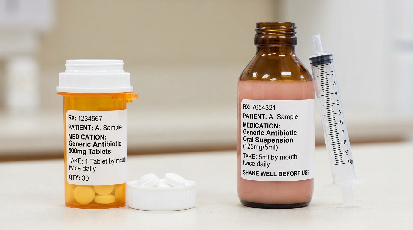 Tablet and liquid oral antibiotic forms displayed for dosage-form context