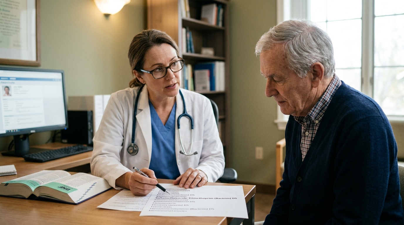 Clinician reviewing a medication list to check antibiotic suitability and interactions