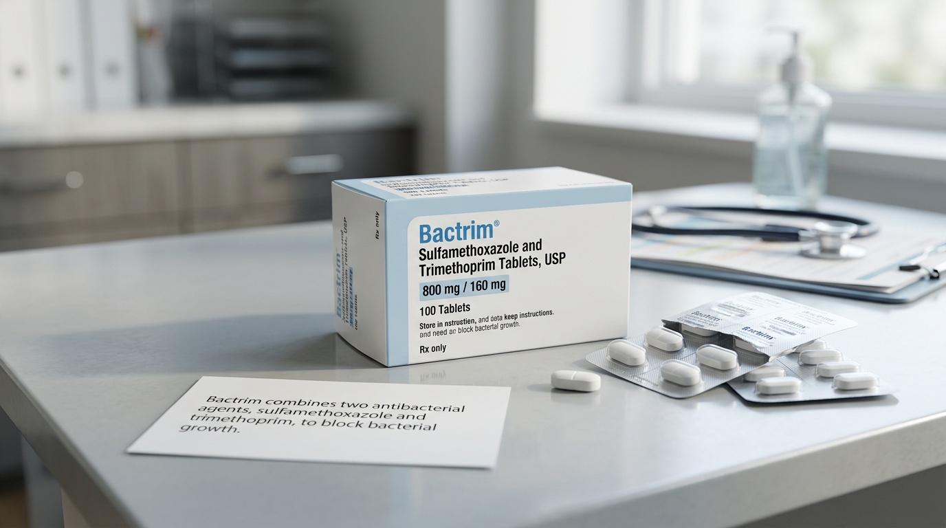 Bactrim tablet packaging presented in a clean editorial medical setting