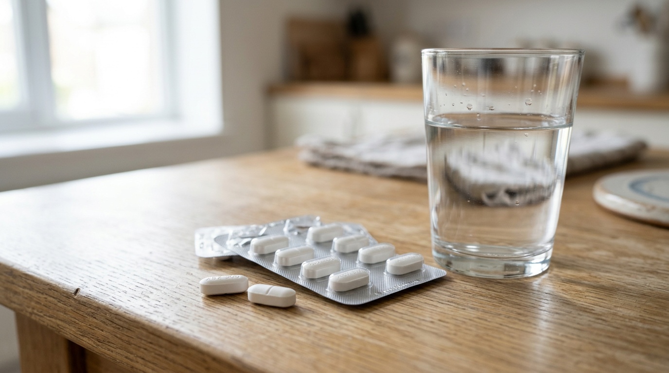 Antibiotic tablets with a glass of water on a simple tabletop