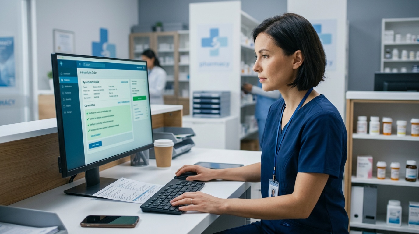 Healthcare professional reviewing an online prescription medication order