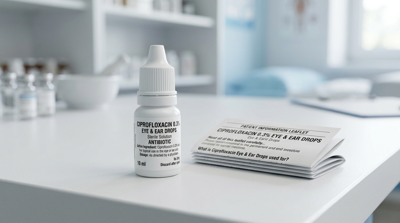 Ciprofloxacin eye and ear drop bottle with patient leaflet on a clean clinical surface